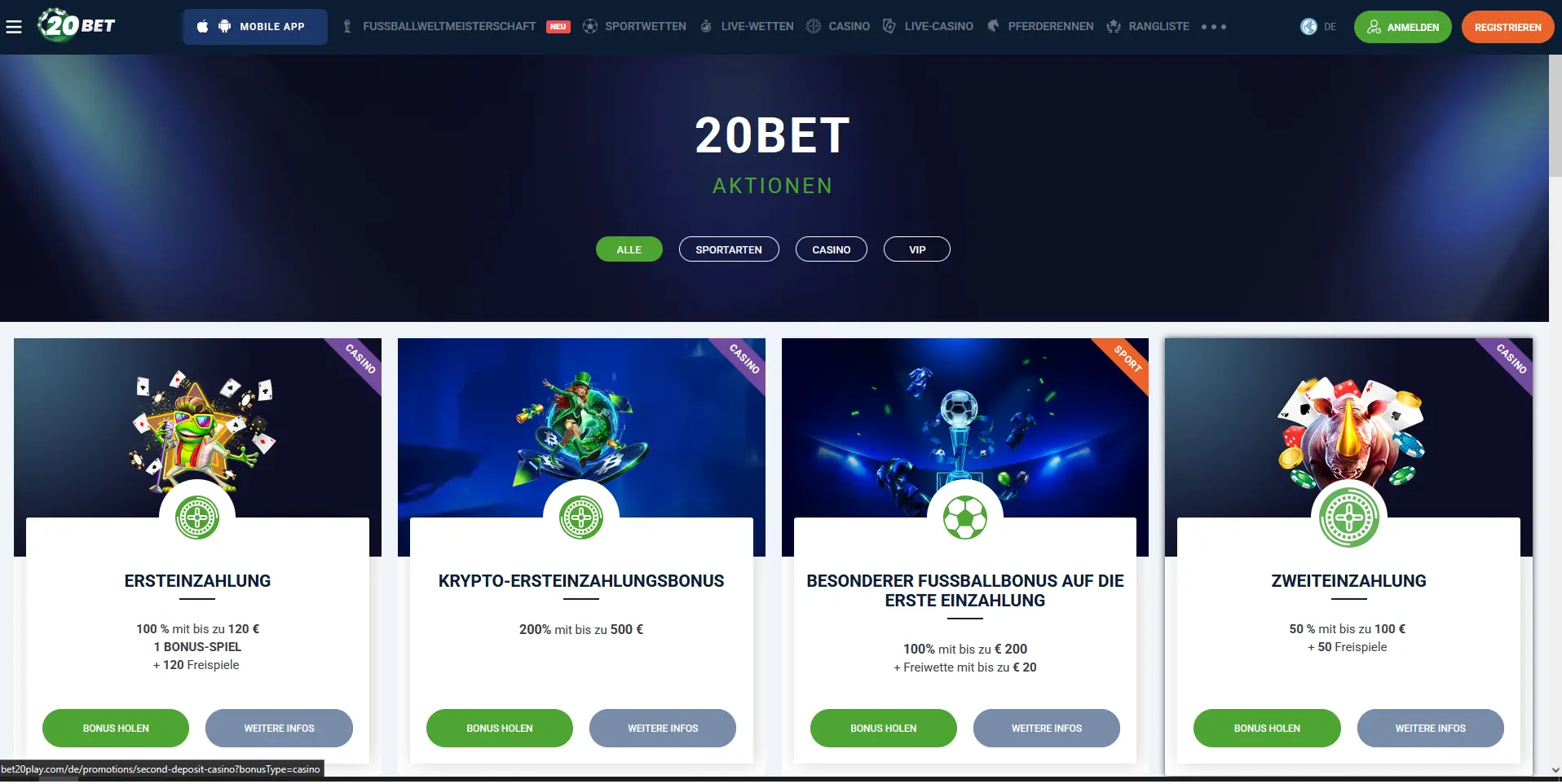 20Bet Willkommensbonus 100 % bis 100 € für Sportwetten