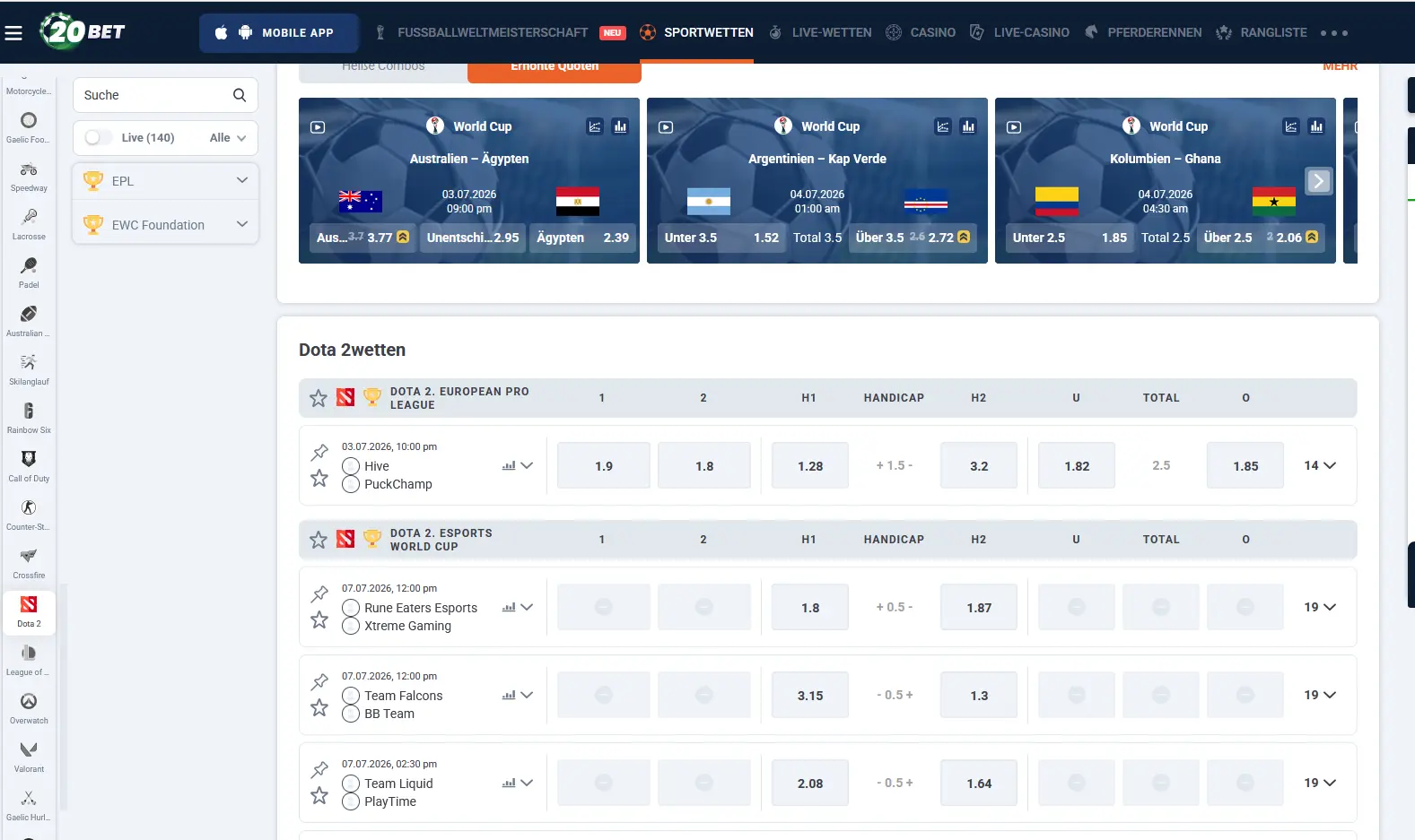 20Bet Dota 2 Wettmärkte für The International