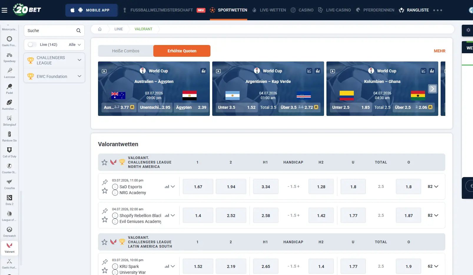 20Bet Valorant Quoten für VCT Champions