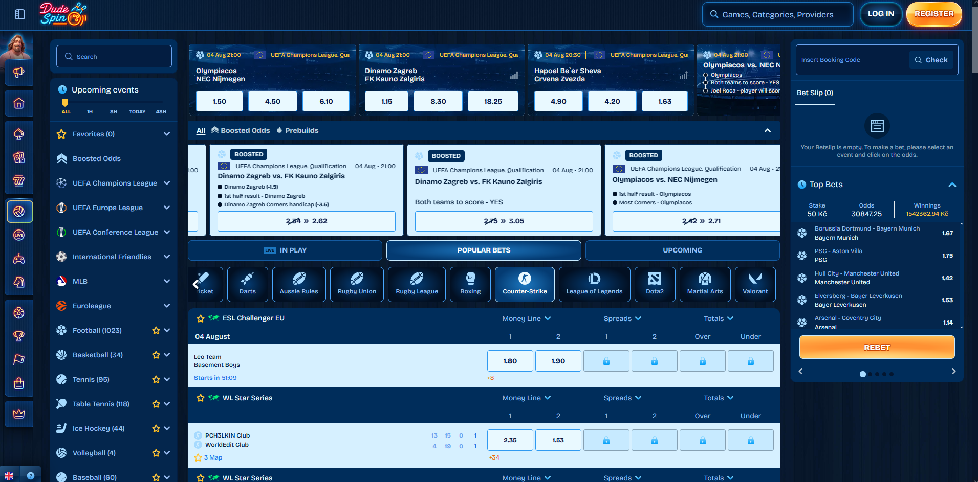 Dudespin Esports-Übersicht mit CS2, Dota 2, Valorant und League of Legends