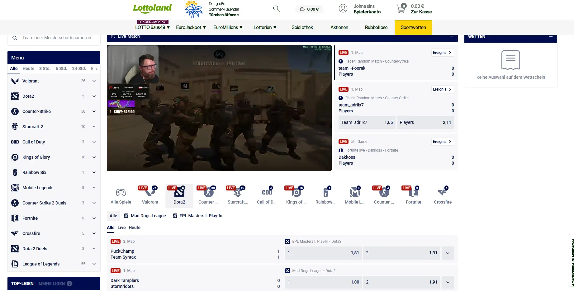 Lottoland Esport-Menü mit Counter-Strike, Valorant, Dota 2, Rainbow Six und den separaten Duels-Kategorien