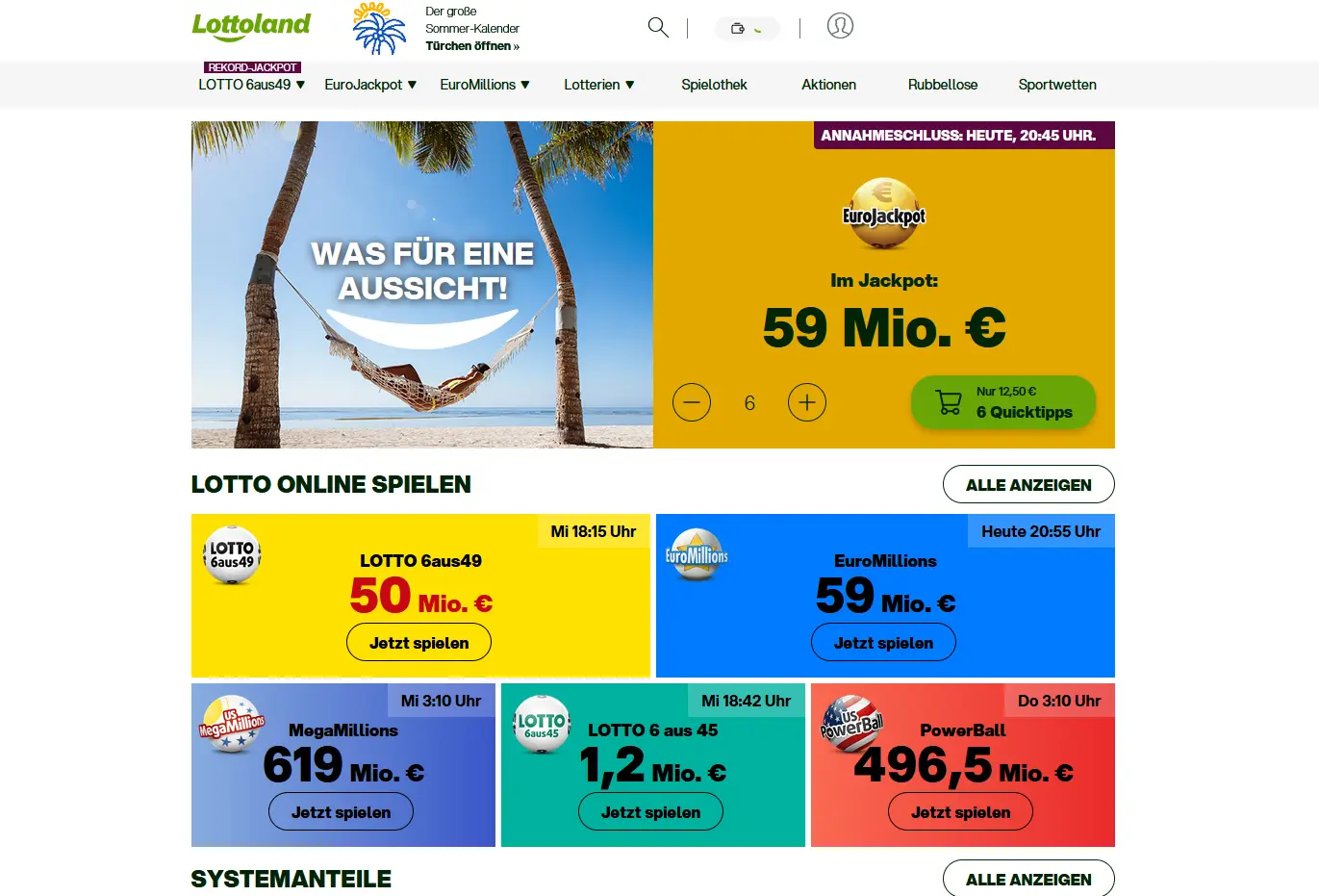 Lottoland Startseite mit Lotterien, EuroJackpot und dem Sportwetten-Bereich im Hauptmenü