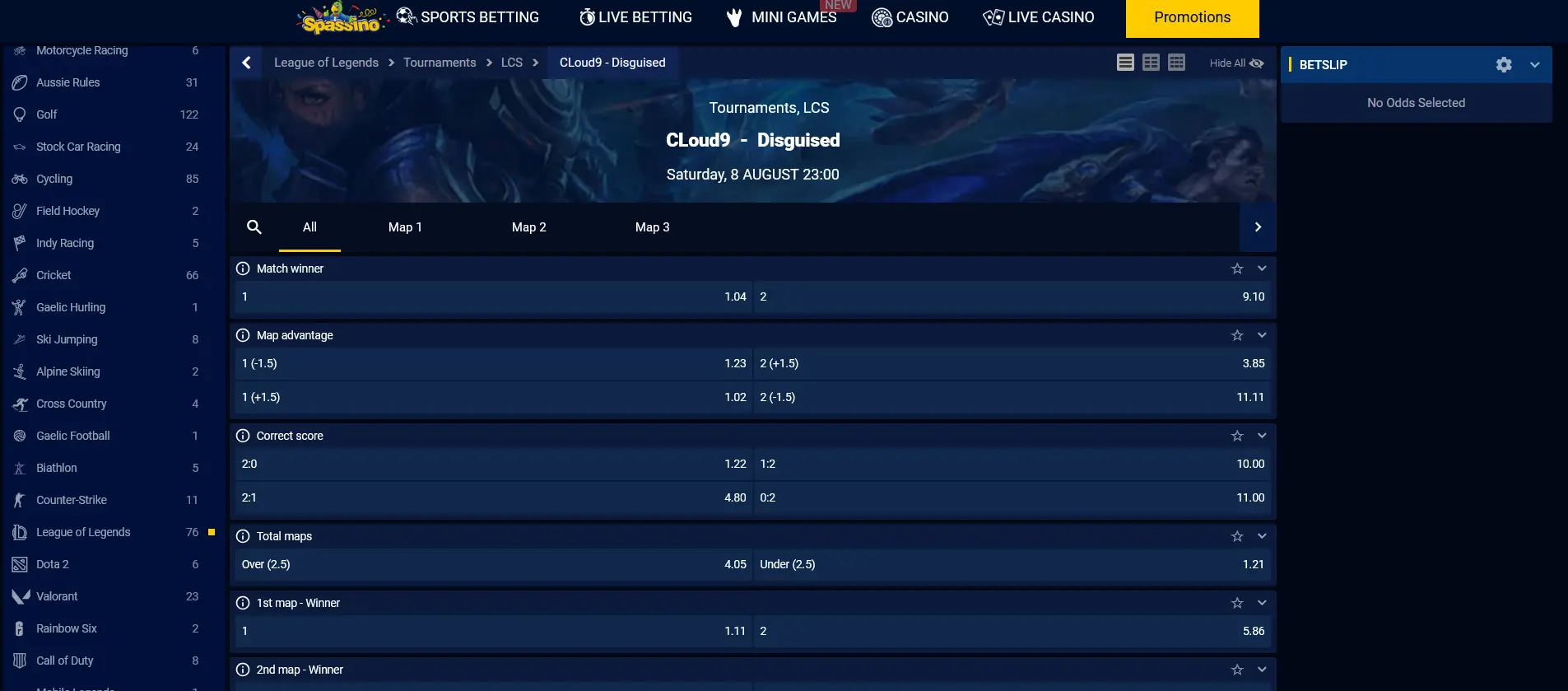 Spassino League-of-Legends-Linie mit Turniersieger-Outright