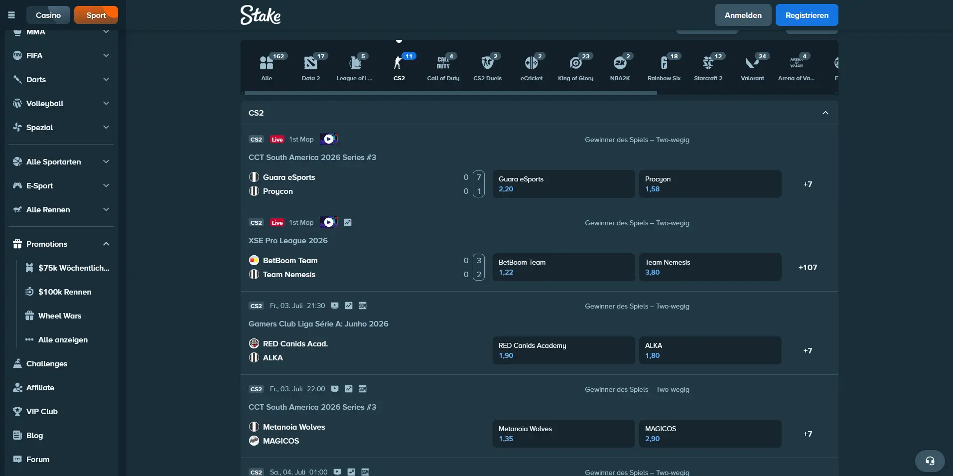 Stake CS2-Wettmarkt mit Live-Matches und Quoten