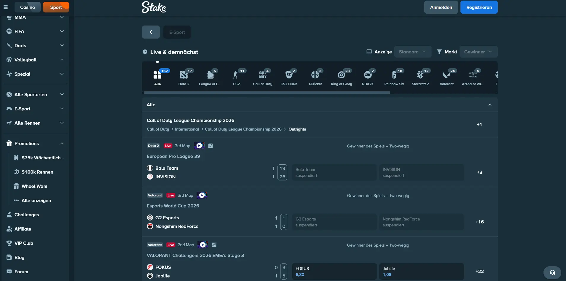Stake Esports-Angebot mit Mobile Legends im Turnierkalender